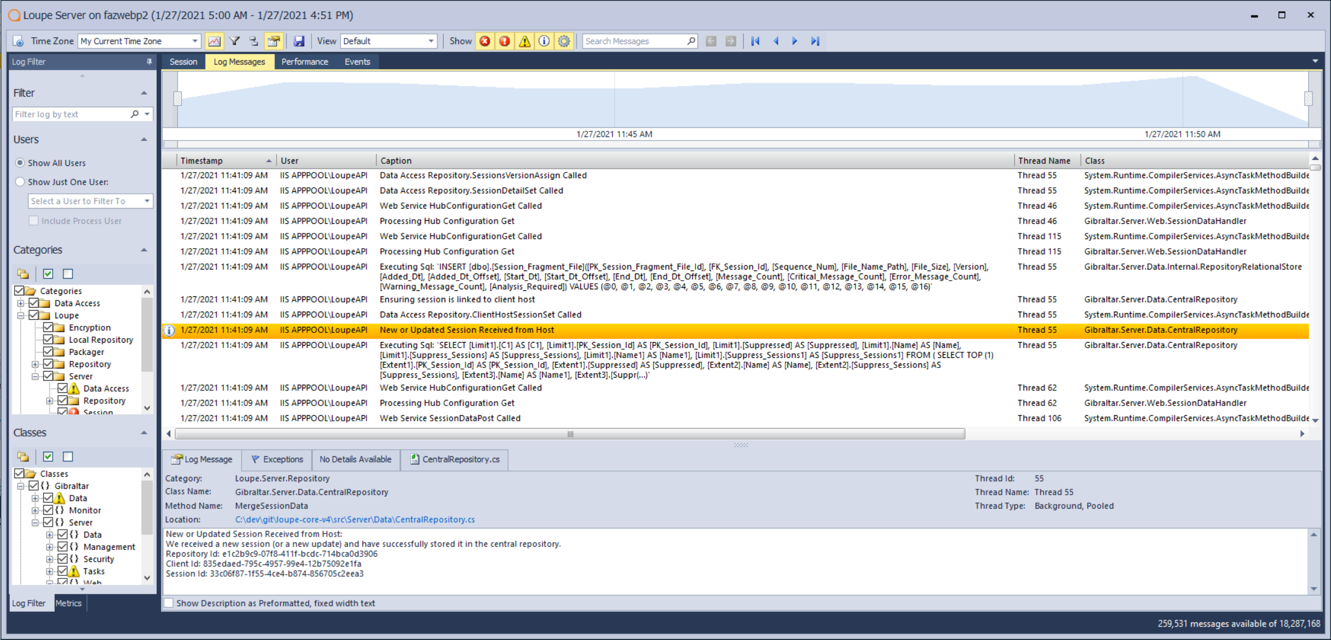 Screenshot of Loupe Desktop Session Logs View