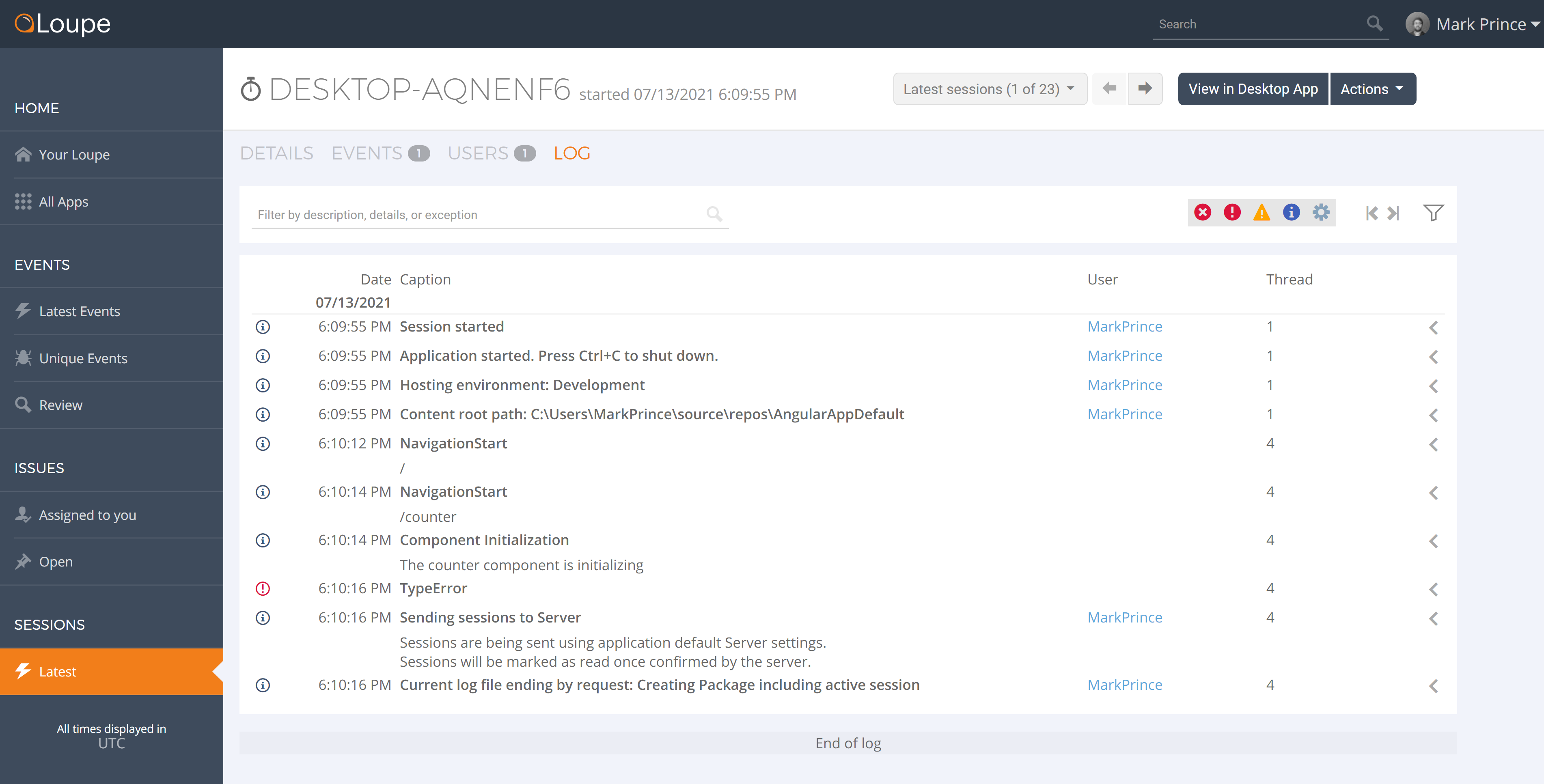 Screenshot of Loupe server showing angular application session with navigation logs