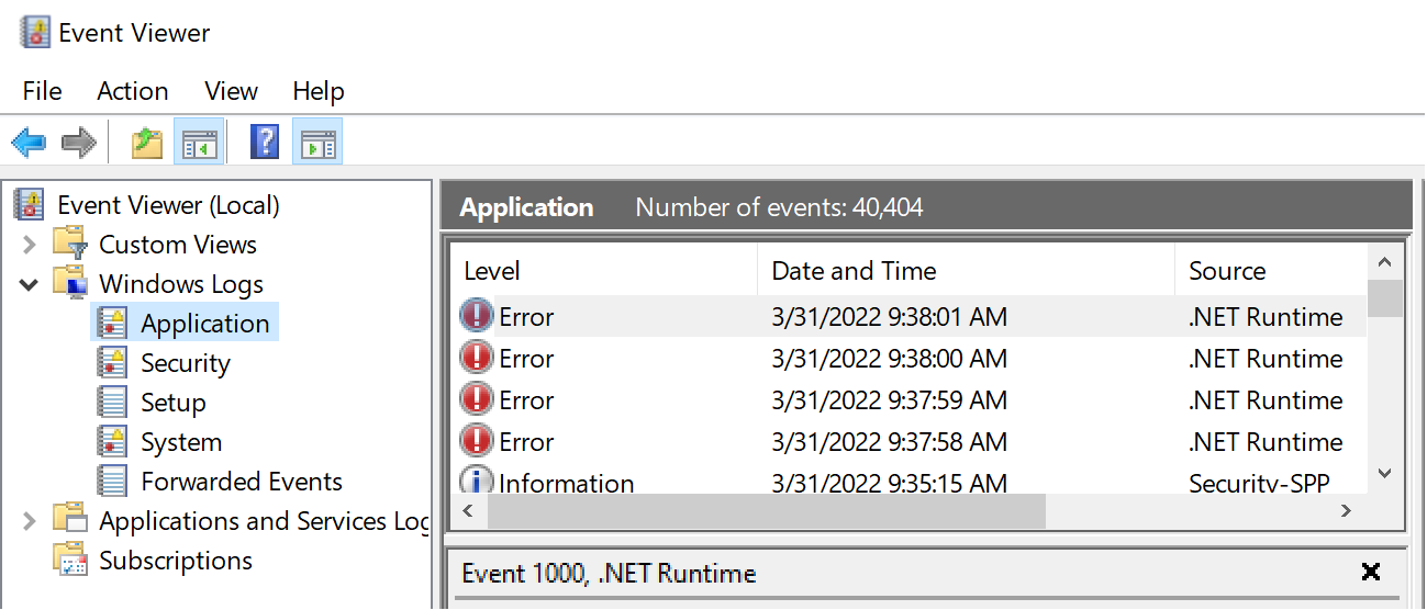 Screenshot of the Event Viewer with four of the privacy page error logs