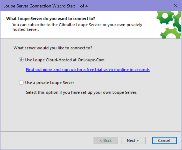Screenshot of the first step in the Loupe Server Connection Wizard