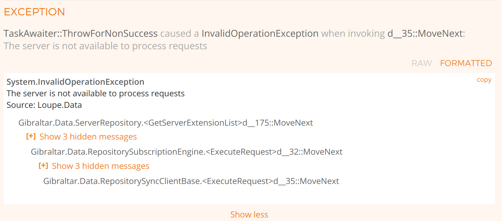 Exception With Simplified Call Stack
