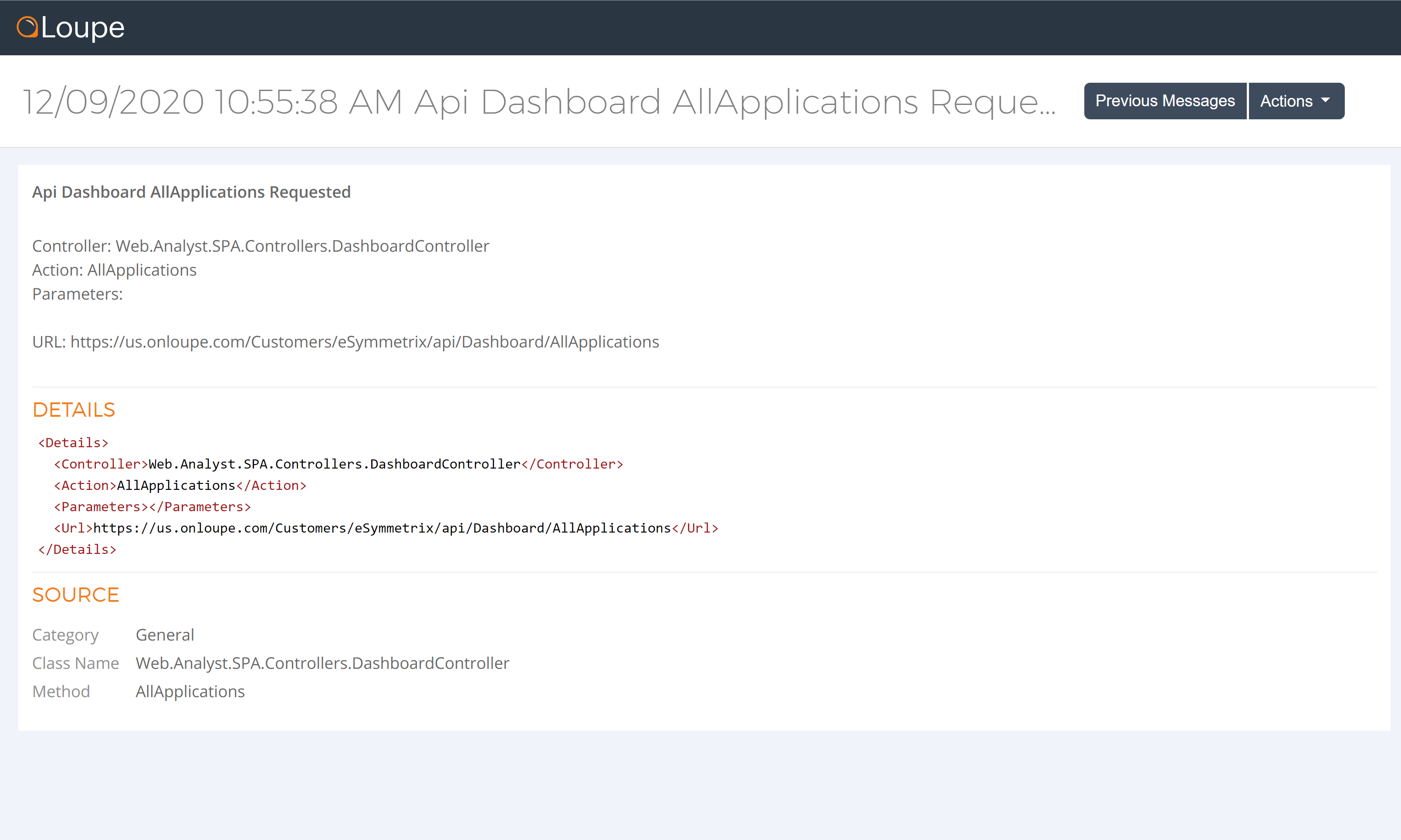 Log details shown in Loupe Server