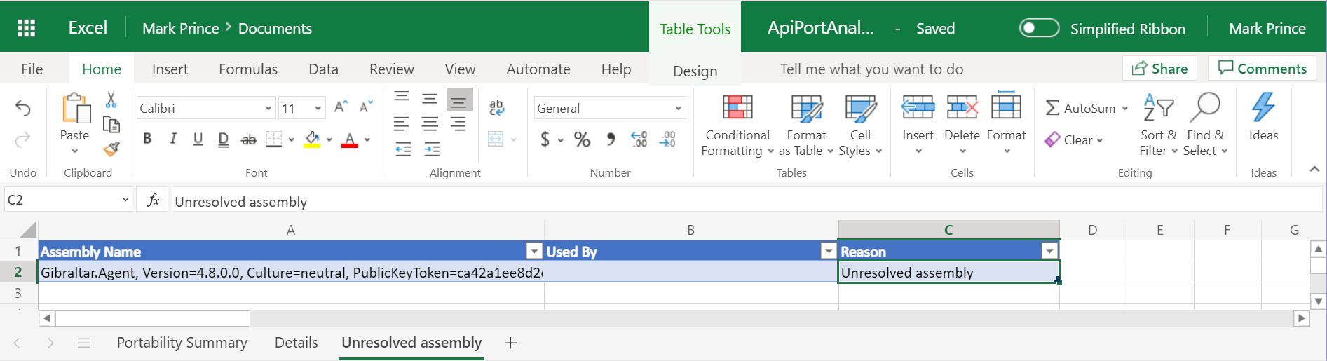 Screen shot of excel report showing the unresolved assembly tab