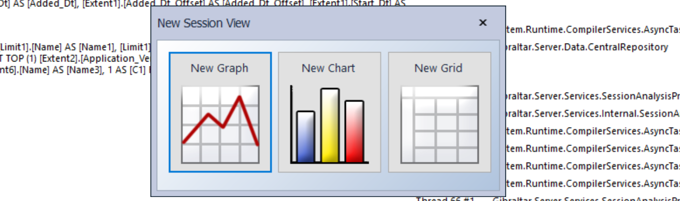 Cropped screenshot of Loupe, showing the three options for new session views. graphs, charst, and grids
