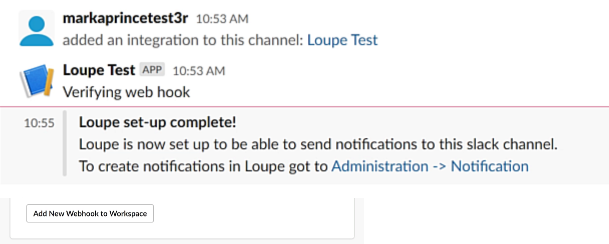 A screenshot of the test message from Loupe in slack