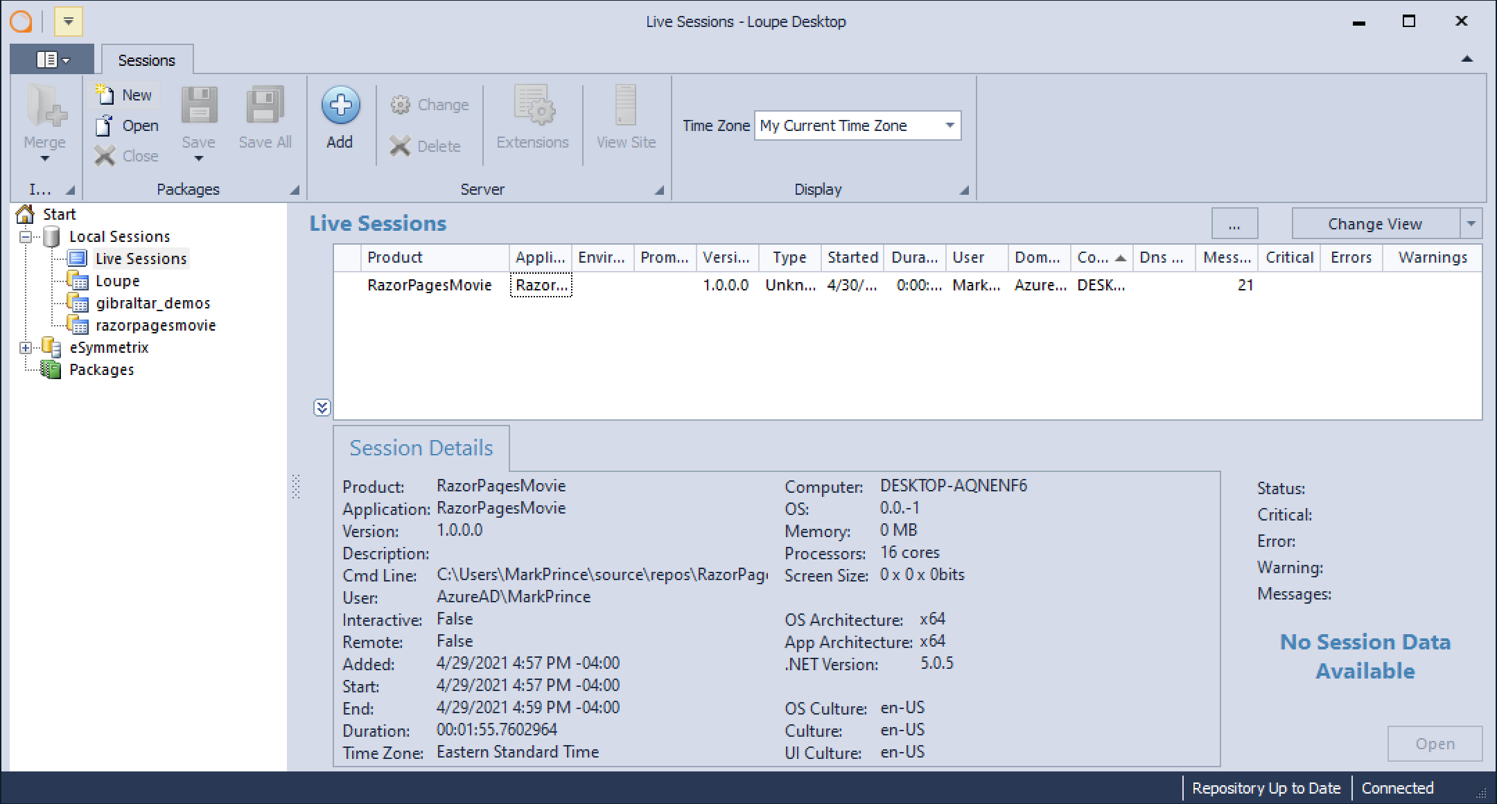 Screenshot of Loupe Desktop Local Sessions Live Sessions menu with a RazorPAgesMovie application session available to view.