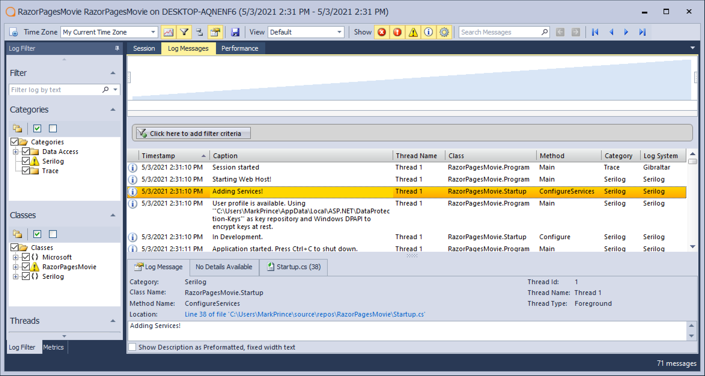 Screenshot of Loupe Desktop session with serilog logs.