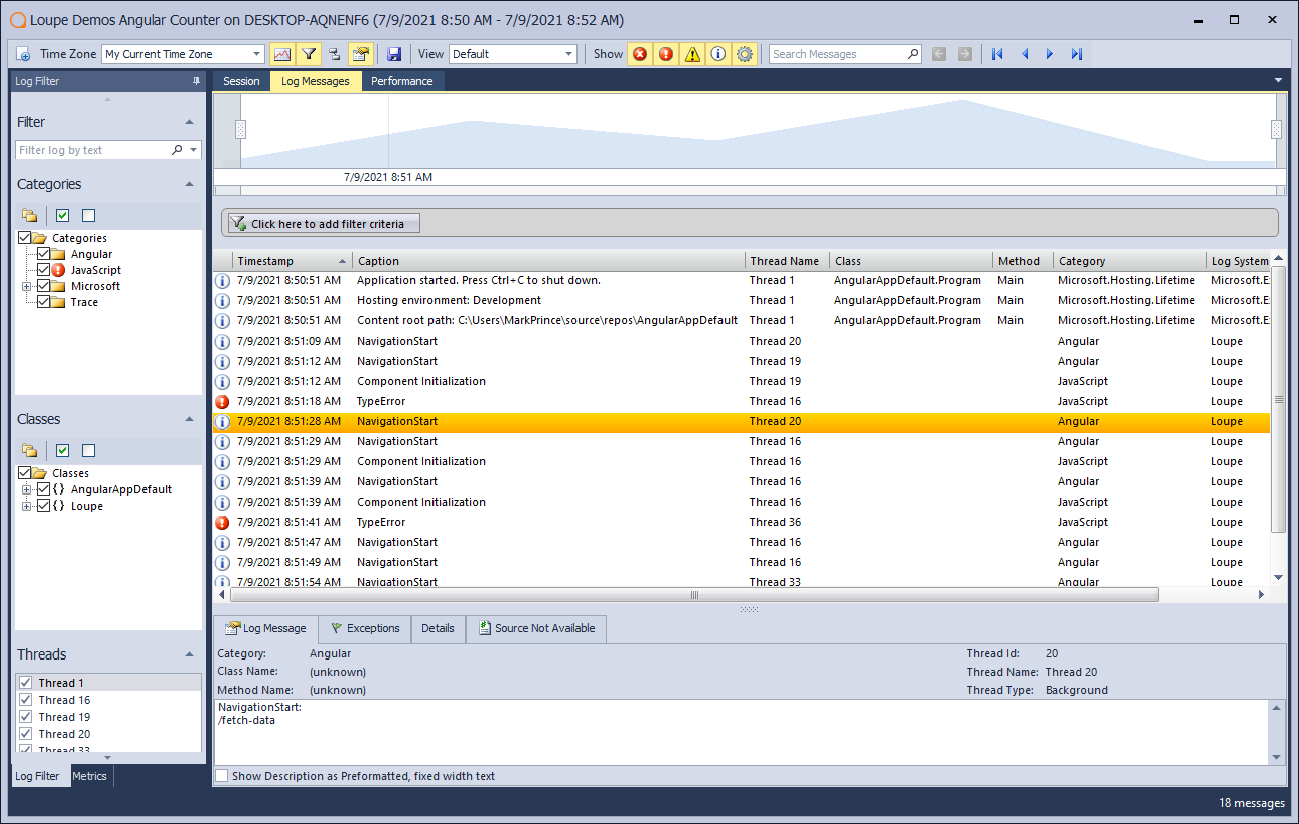 Screenshot of Loupe Desktop showing a NavgationStart event log