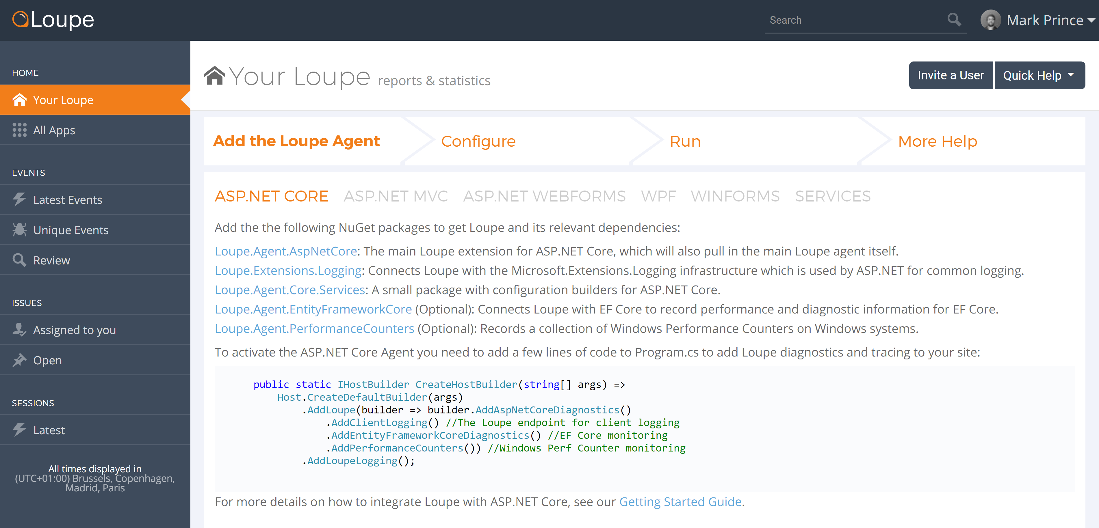 Screenshot of Loupe trial start screen, showing the first section of directions for how to integrate an application with Loupe