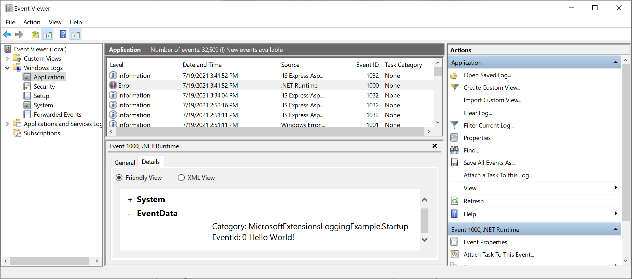 Event Viewer screenshot showing the "Hello World" error log that was sent to the console