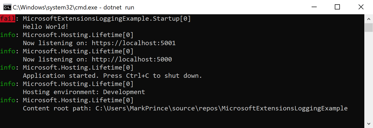Screenshot showing "Hello World!" error in console with a red "fail" indicator next to it.