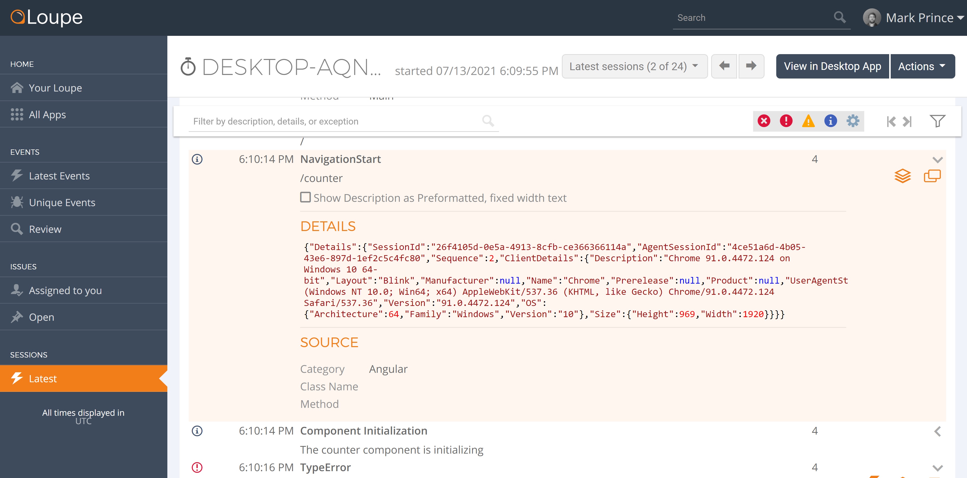 Screenshot showing navigation event log with details pane open on Loupe Server