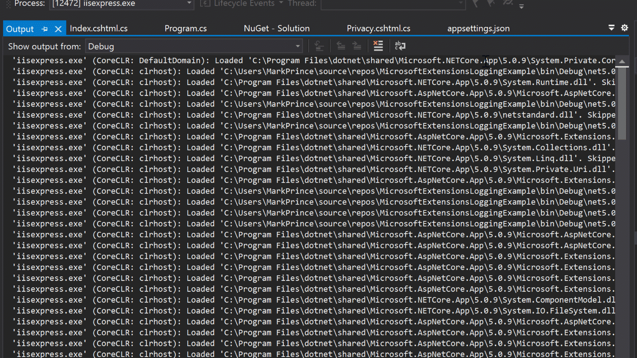 Gif showing me search through the debug output for warning (WRN) logs