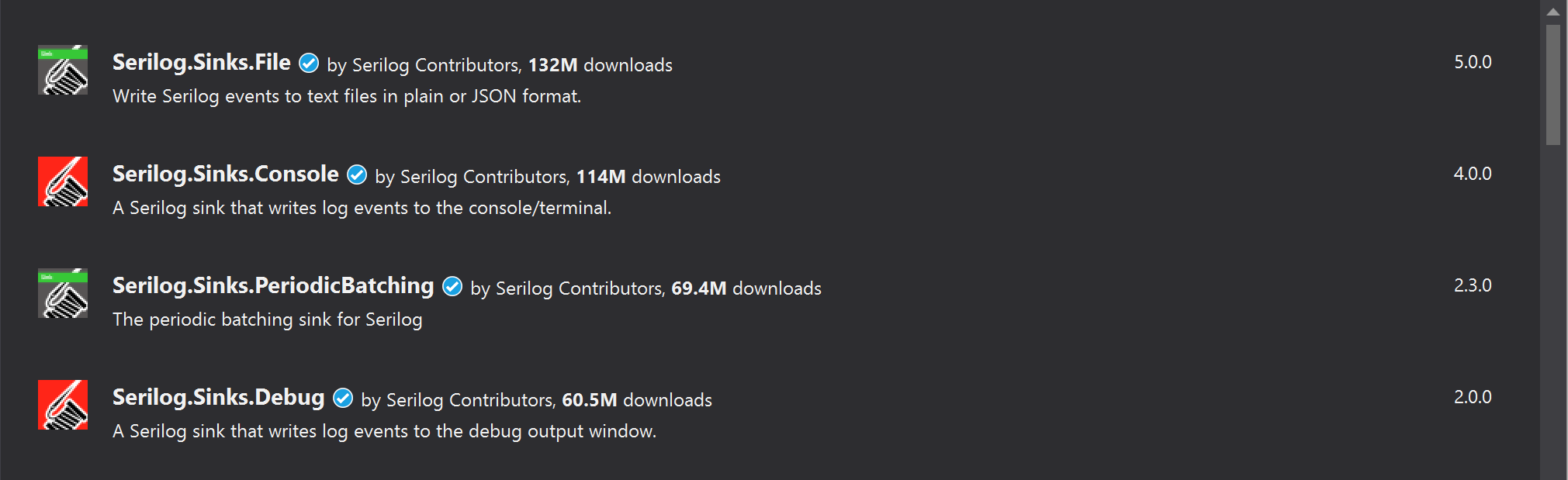 Screenshot of serilog.sinks packages, with the file package at 132 million downloads, the console package at 114 million downloads, the periodic batching package at 69.4 million downloads, and the debug package at 60.5 million downloads