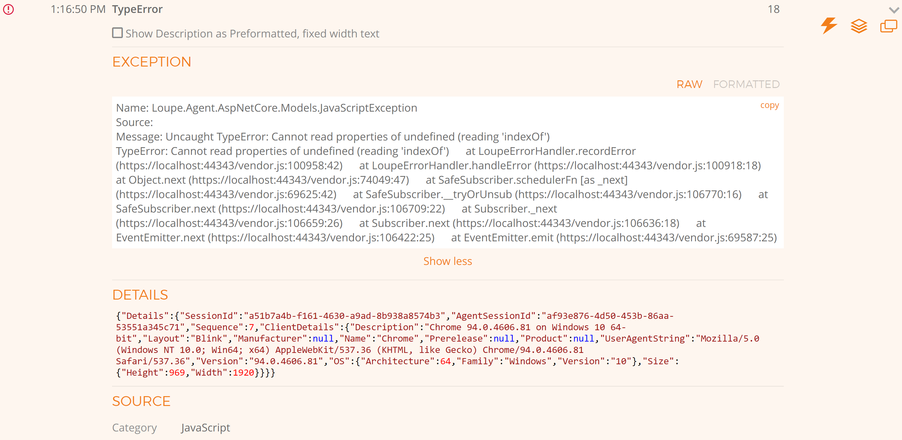 Screenshot of error in loupe serve, with details tab open