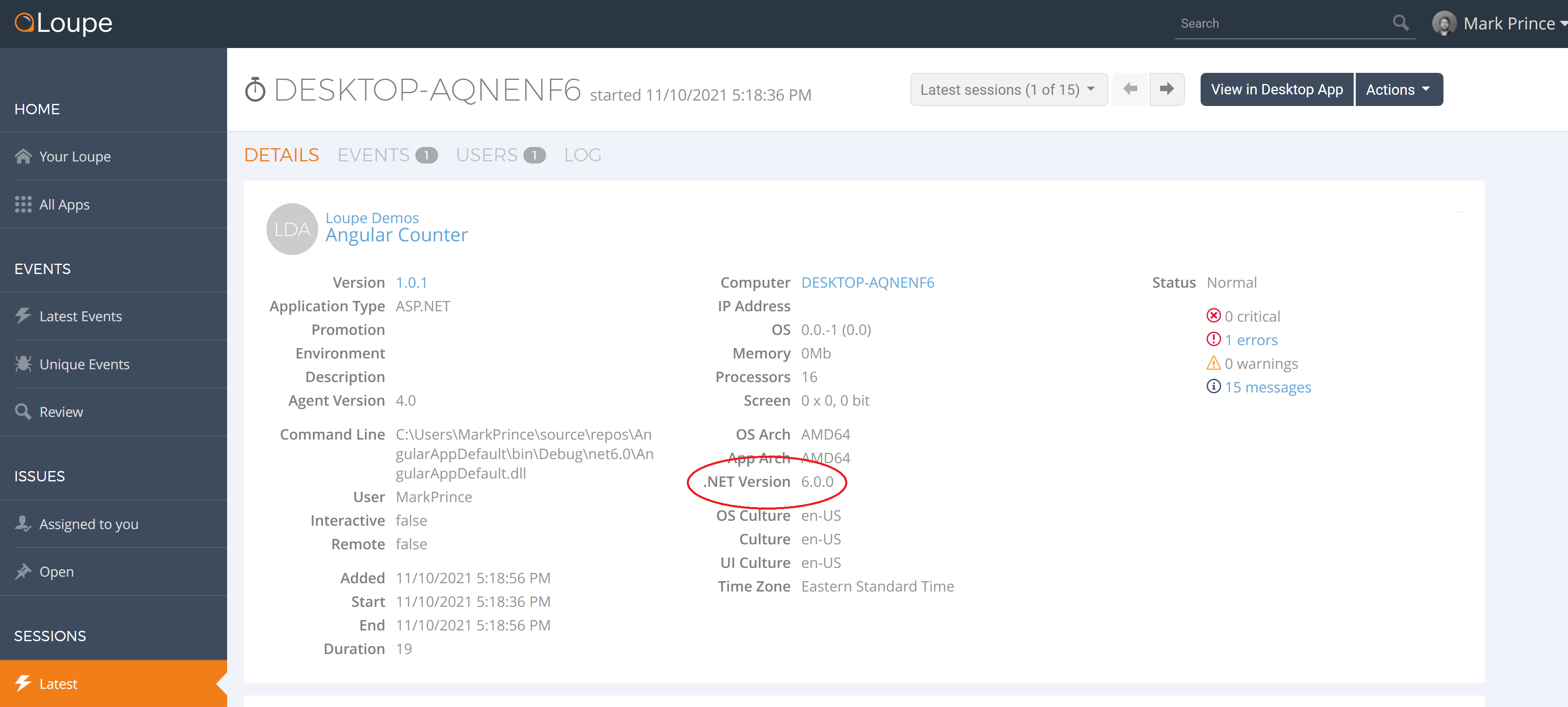 Screenshot showing Loupe session summary