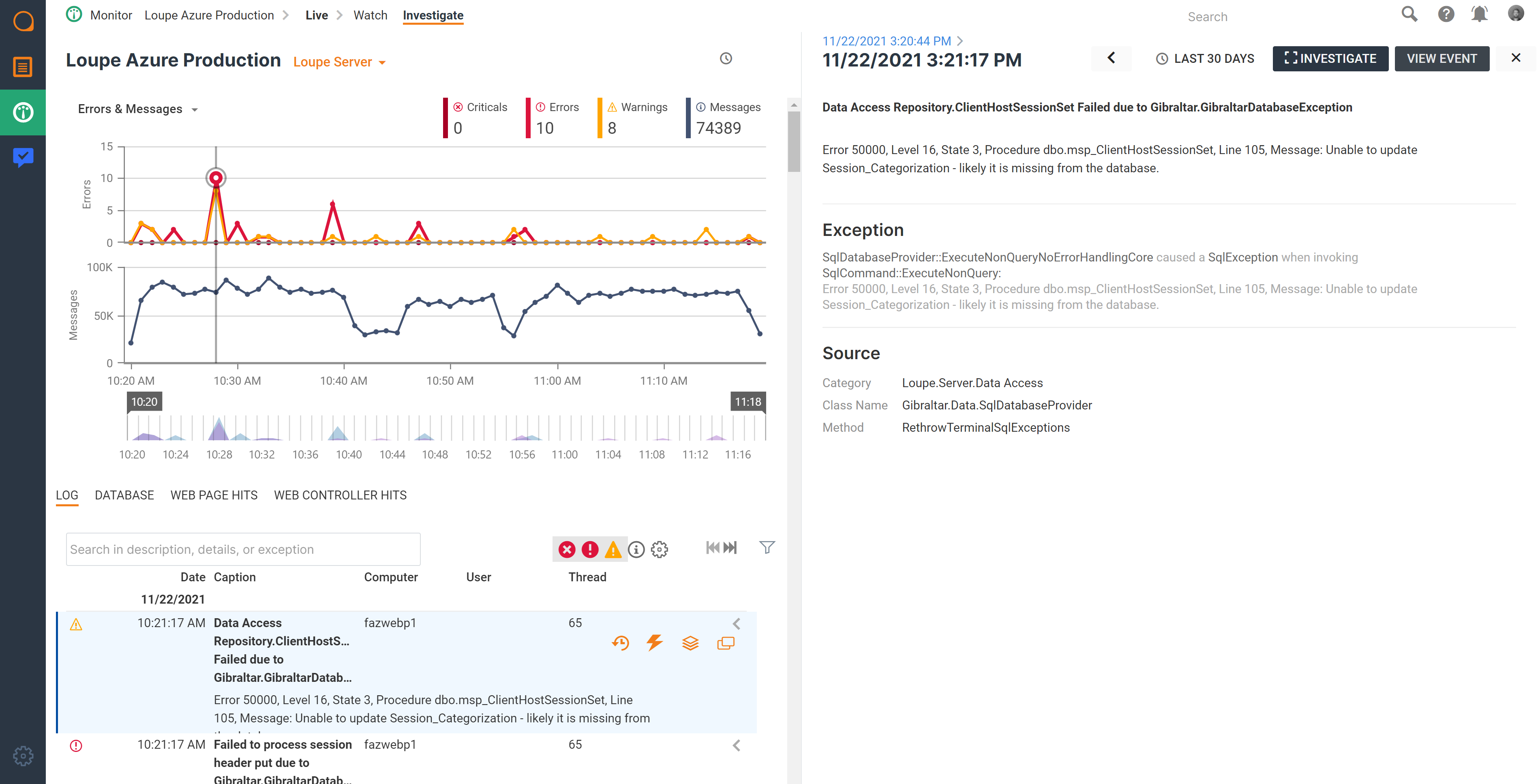 Loupe Monitor Screenshot, showing the error & messages graph with the log viewer panel