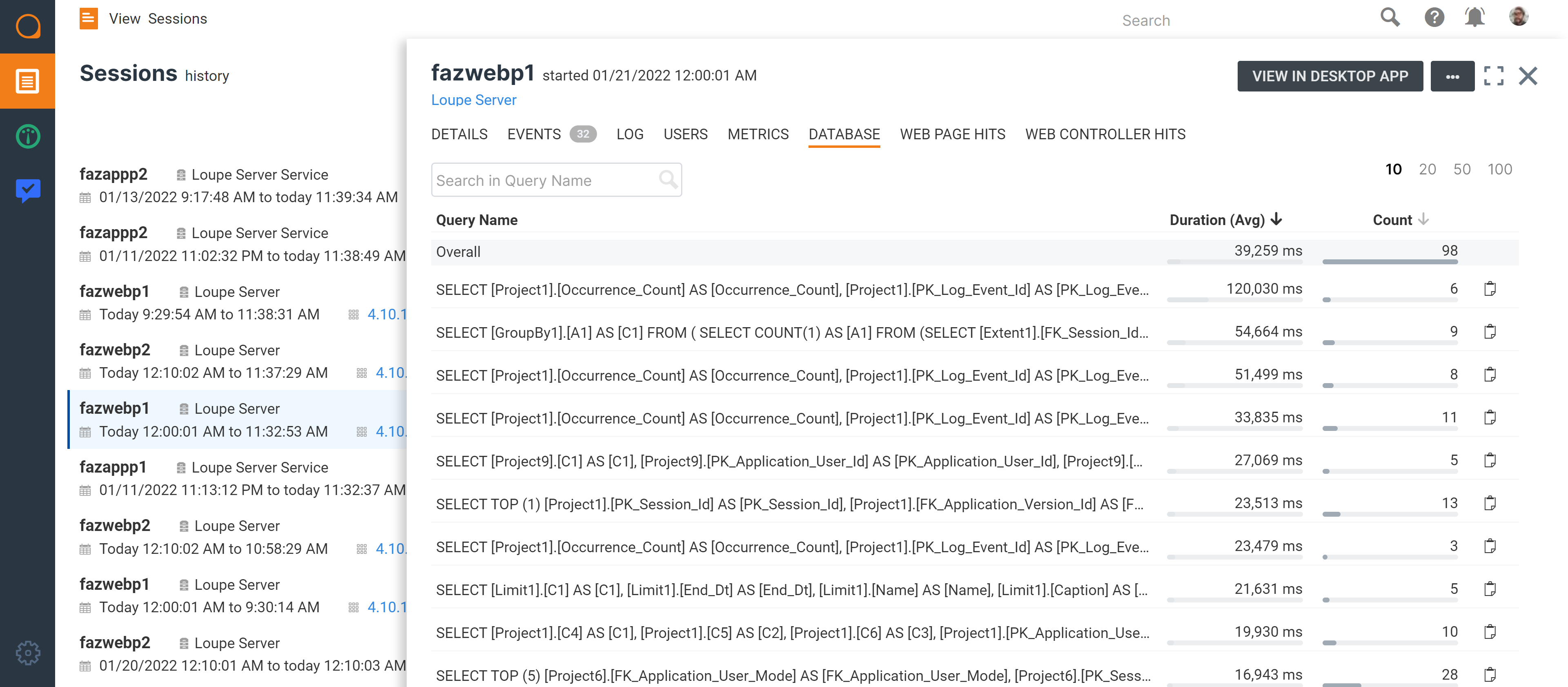 Database query times displayed in the database tab in Loupe view