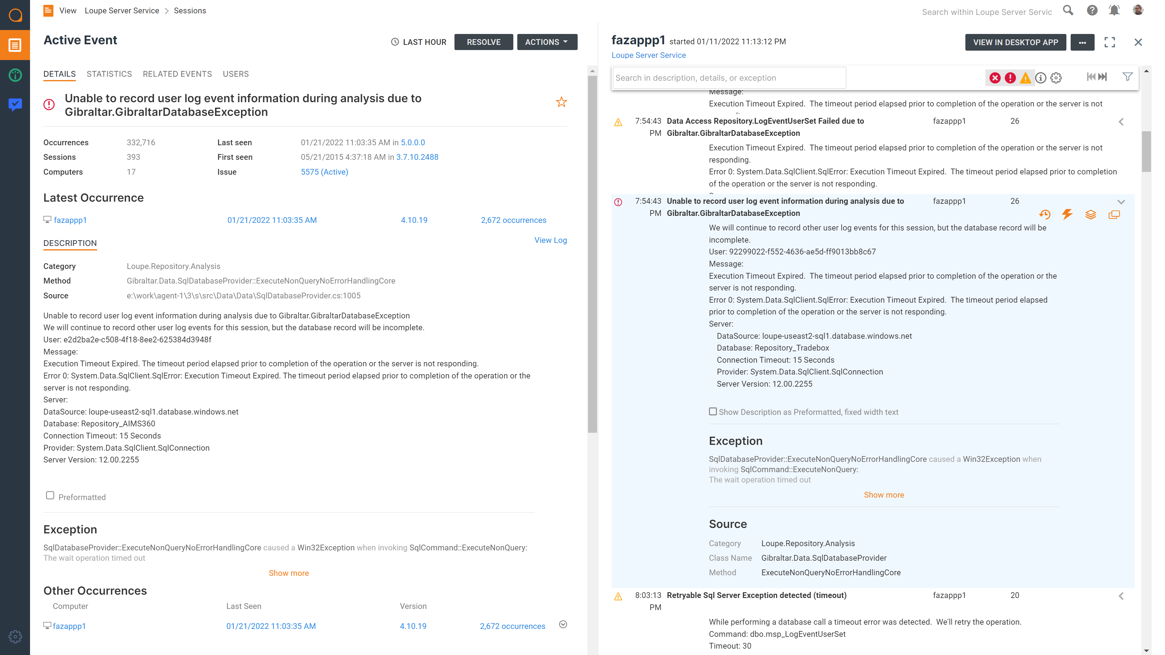 Loupe View showing an expanded event, with the whole body of logs on the left side