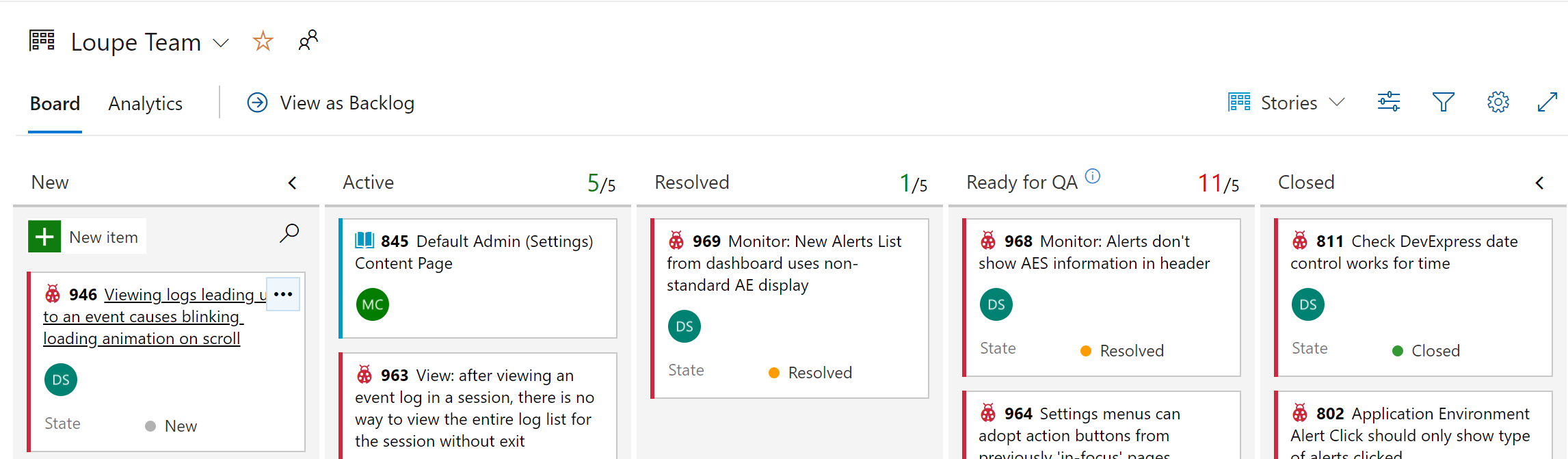 Azure boards screenshot for Loupe 5 dev, names edited out