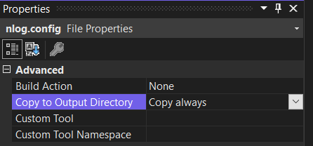 Screnshot of properties in Visual Studio