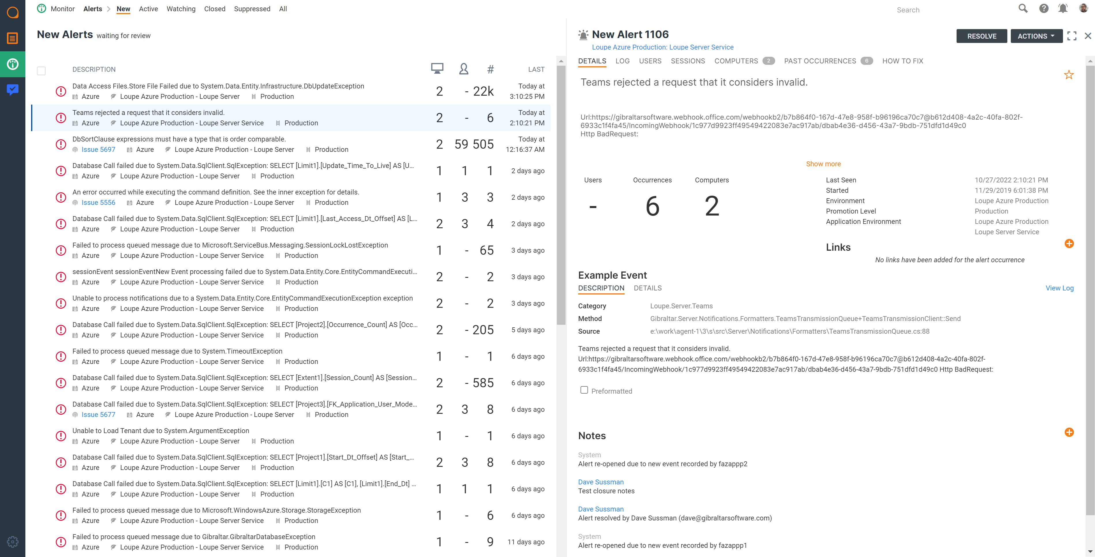 Screenshot of Loupe Monitor in Loupe 5. The breadcrumb menu shows these items: "Environment > Alerts > New, Active, Watching, Closed, Suppressed, All"