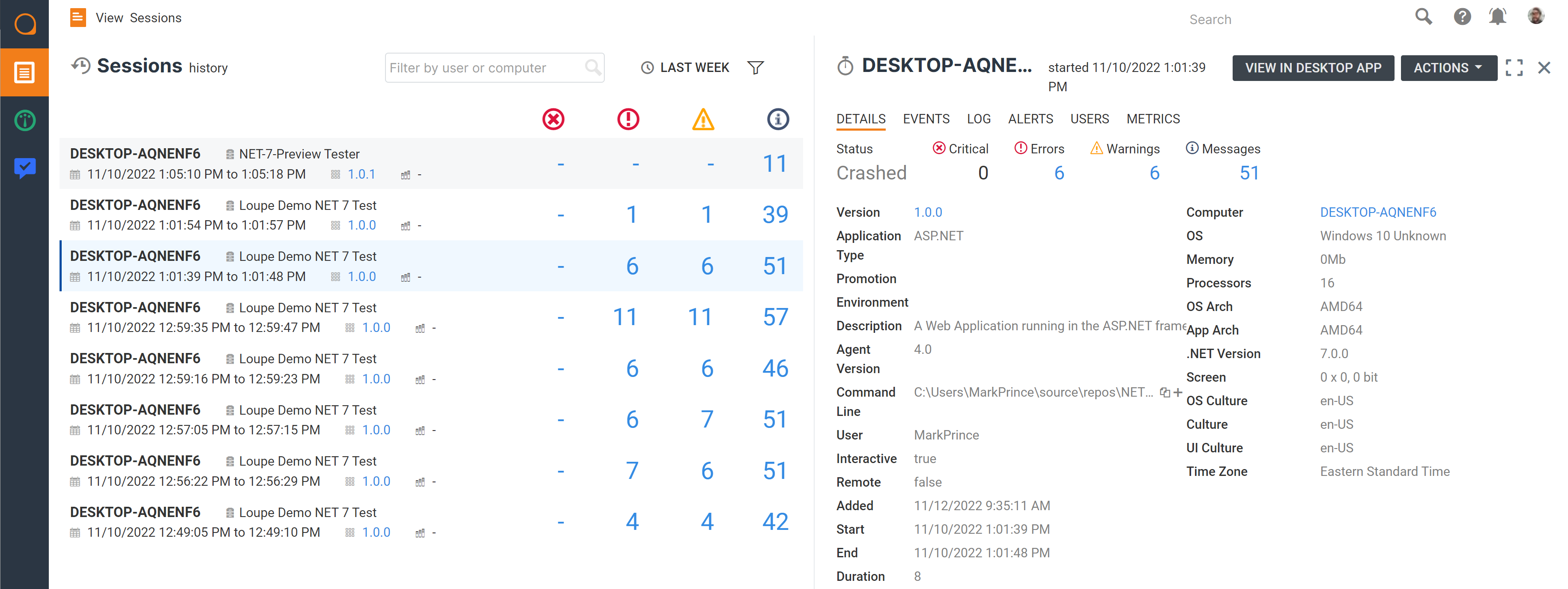 Screenshot of Loupe 5 showing the session overview, including an element that reads ".NET Version: 7.0.0"