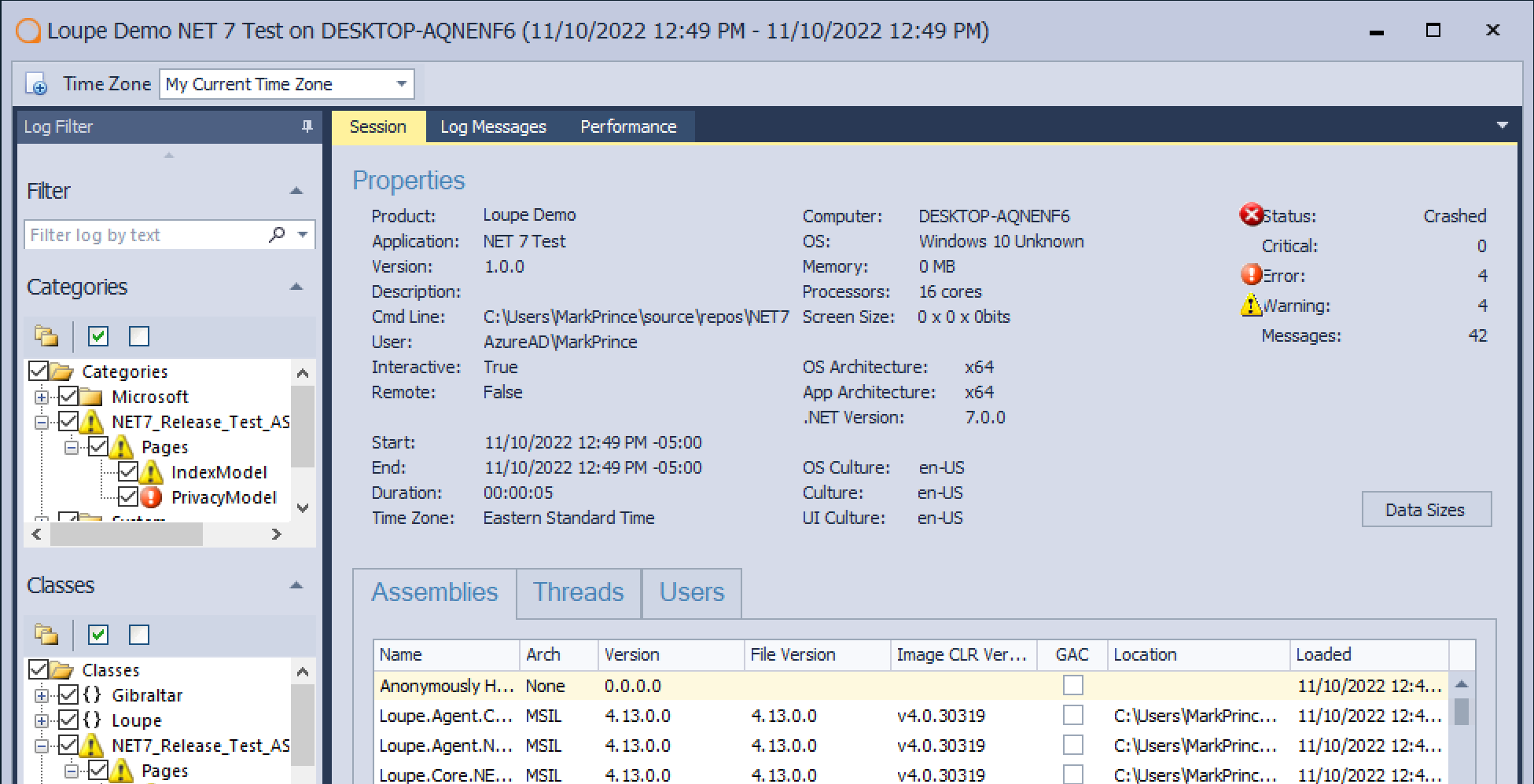 Screenshot of Loupe Desktop showing the session overview, including an element that reads ".NET Version: 7.0.0"