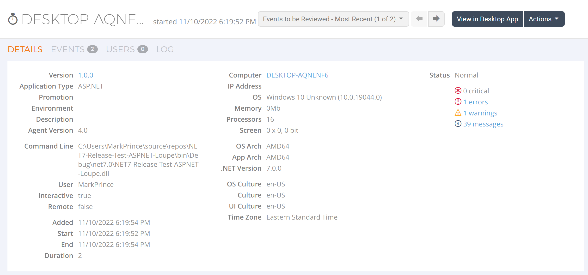 Screenshot of Loupe Server showing the session overview, including an element that reads ".NET Version: 7.0.0"