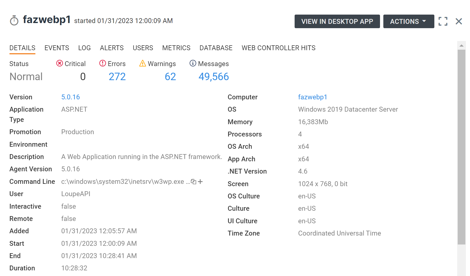 Example Loupe Details page, showing supplemental data such as the operating system, app version, app promotion, hardware specs, and more