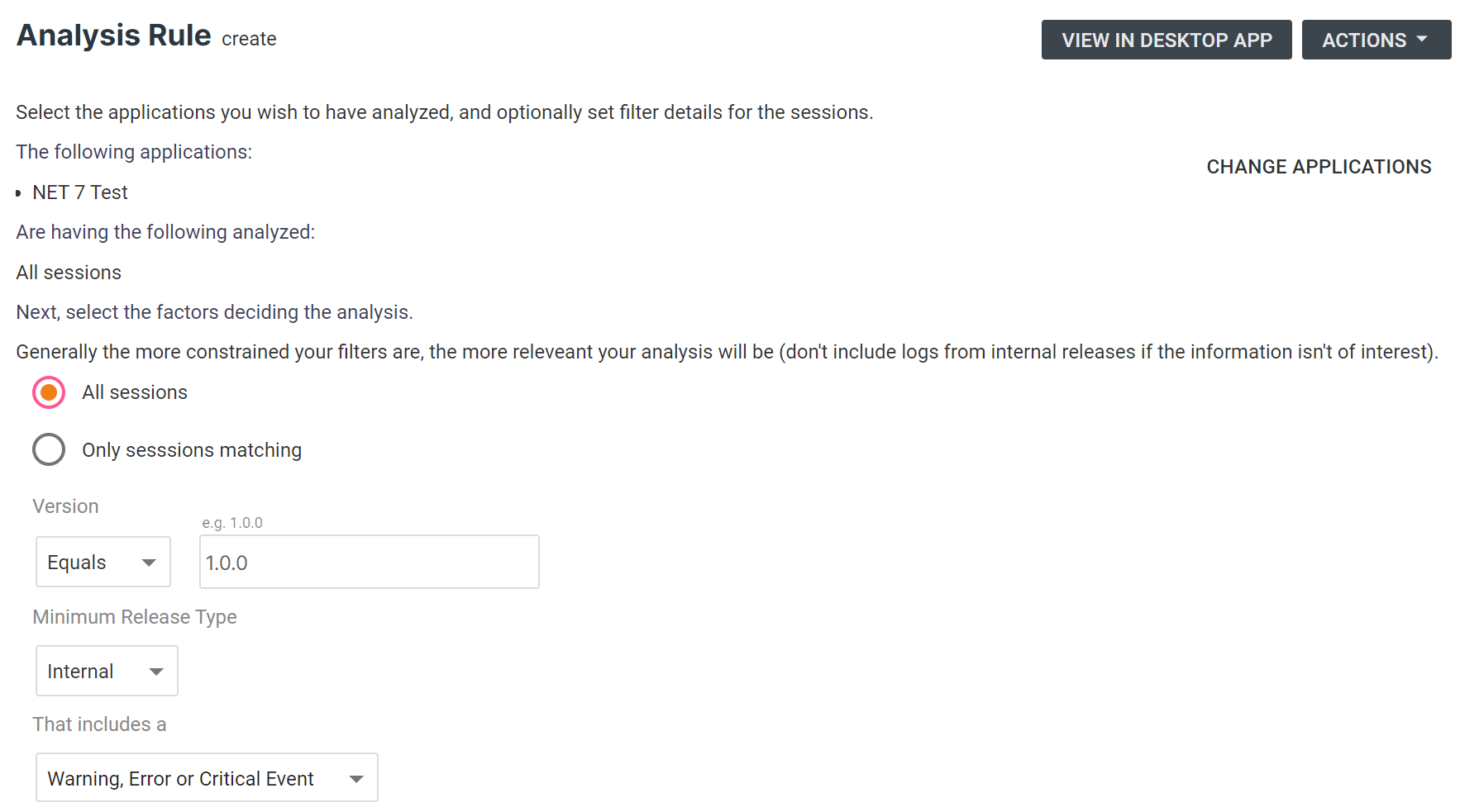 Screenshot of the Analysis rule menu, showing the filter options for session data