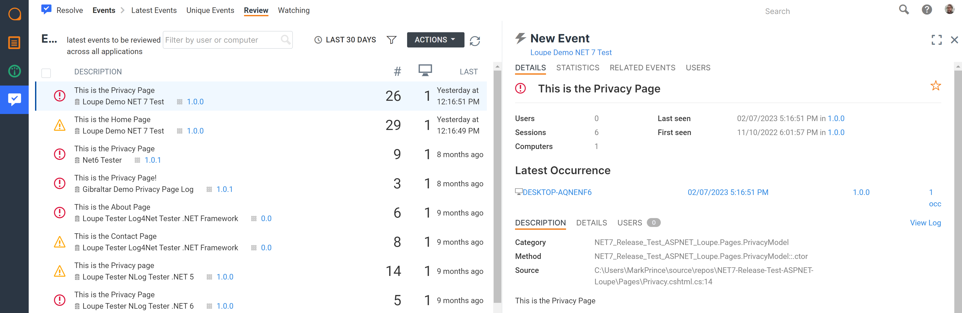 Screenshot of the events list showing events across my applications, focused on a new event