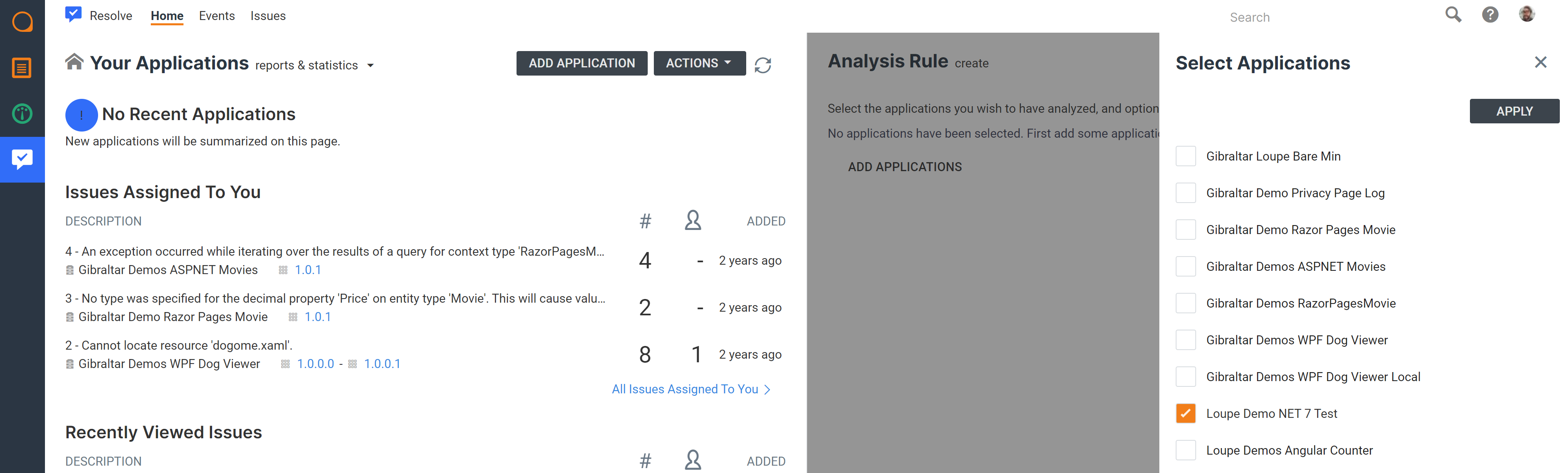 Screenshot of the add applications menu