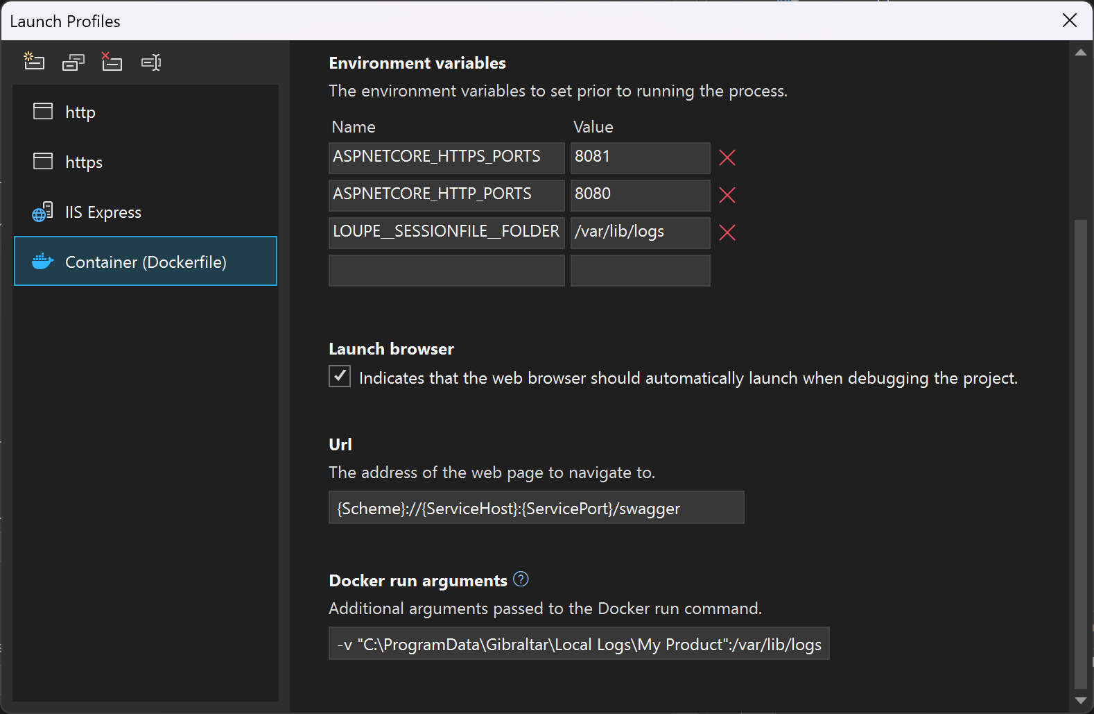 Visual Studio Docker Set Debug Options