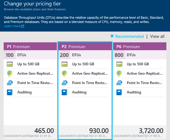 SQL Azure Pricing Tier