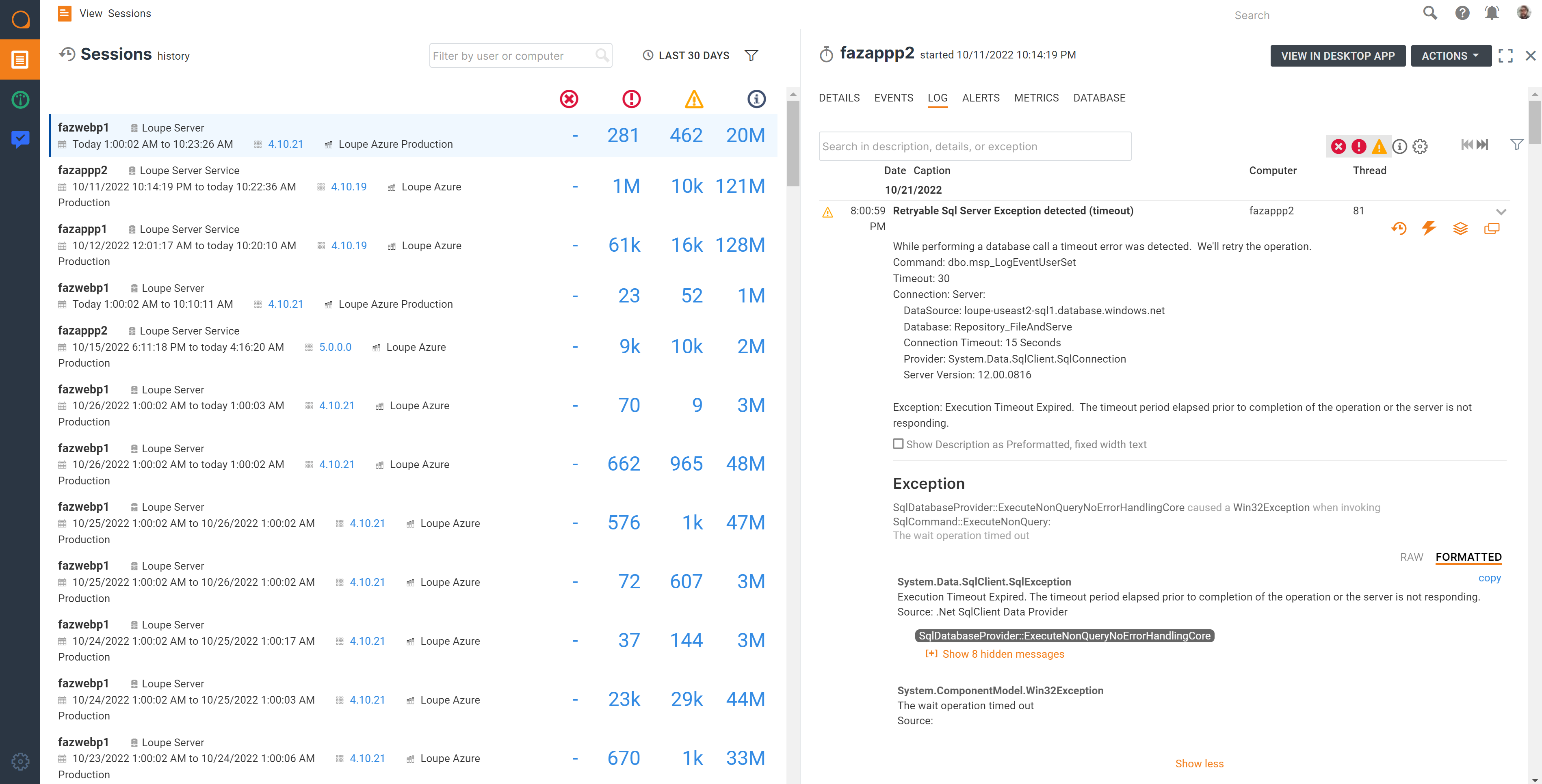 Exception analysis screen including full stack trace