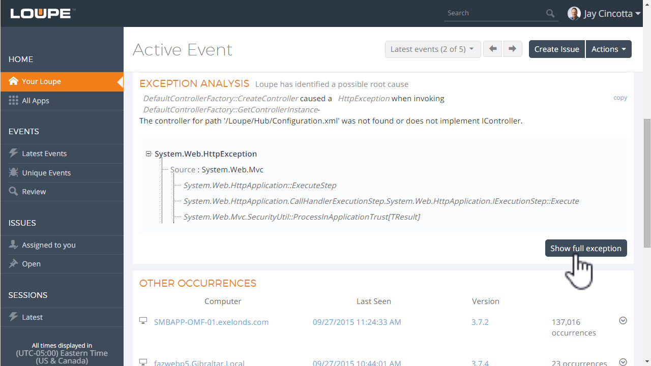 Exception analysis screen