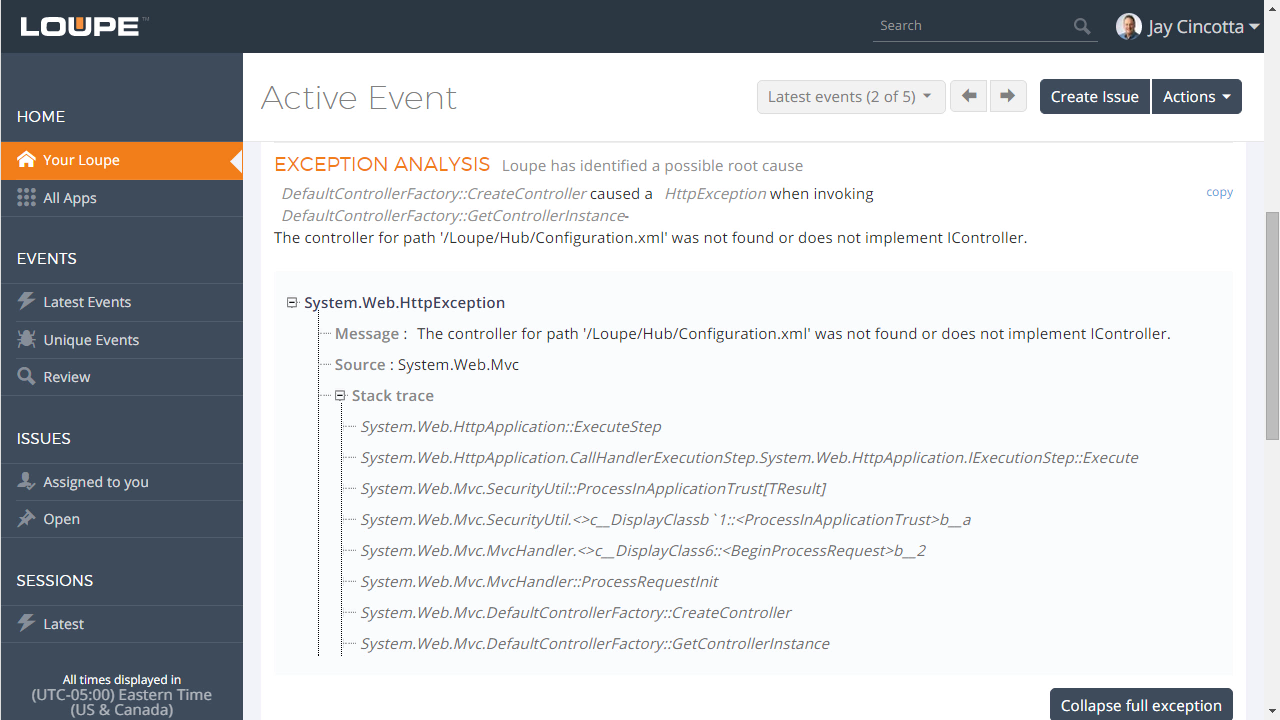 Exception analysis screen including full stack trace