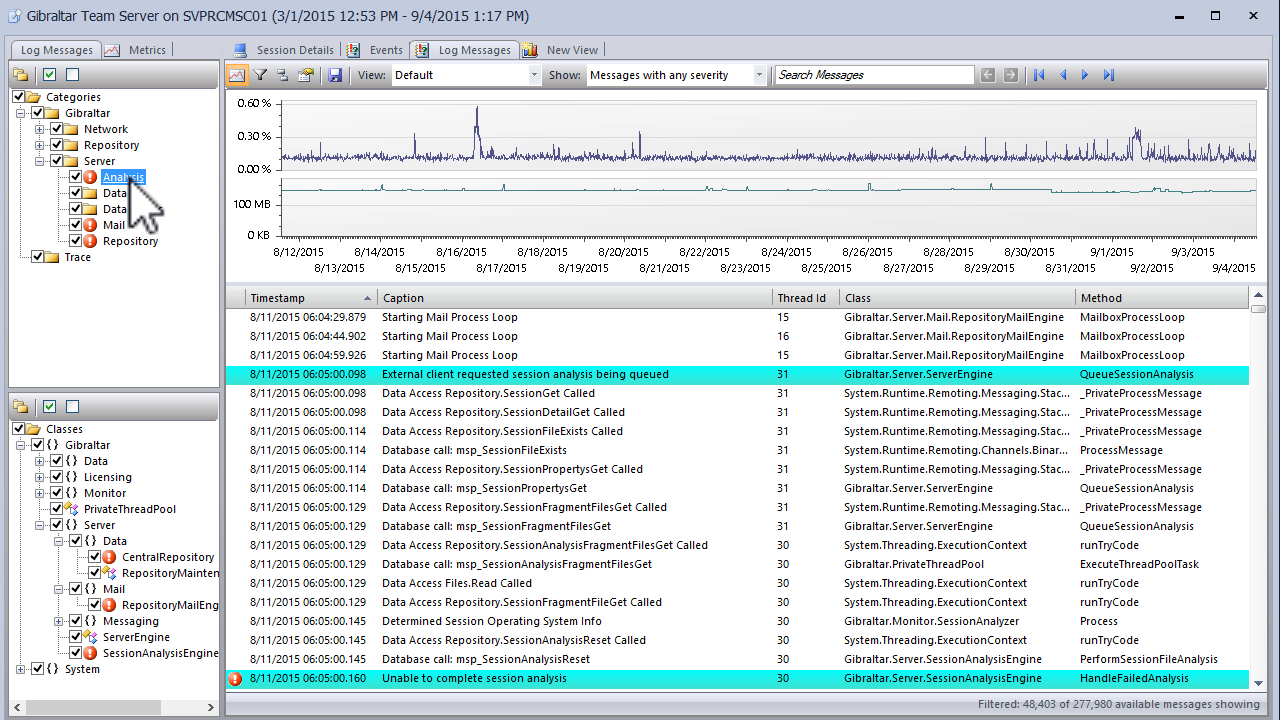 Loupe Desktop showing log associated with an error