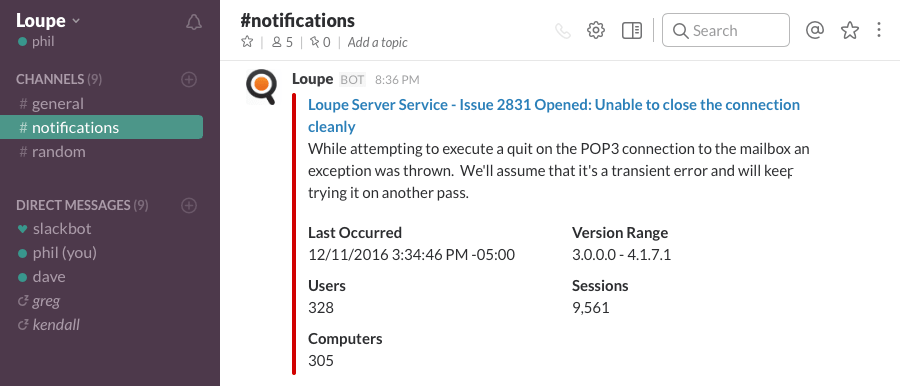 Loupe Notification in Slack feed.